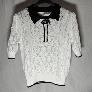 White Pointelle Knit Peter Pan Collar Tie‎ Neck Short Sleeve Sweater S NEW LOFT